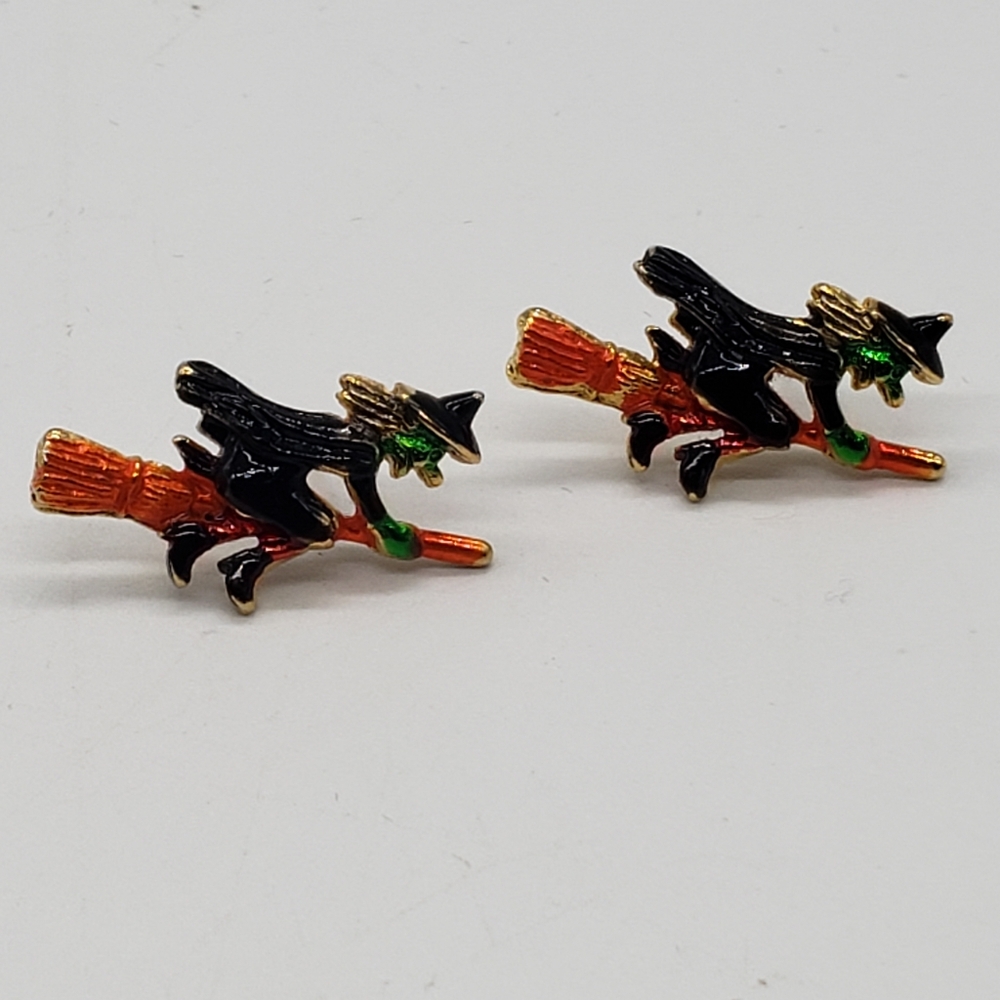 Vintage Flying Witch Halloween Stud Earrings